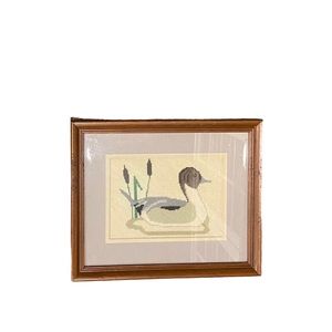 Vintage Embroidered Duck Framed in Wooden Frame